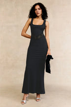 Elegant Sheath Square Neck Sleeveless Lace Accent Floor Length Plus Size Prom Dress