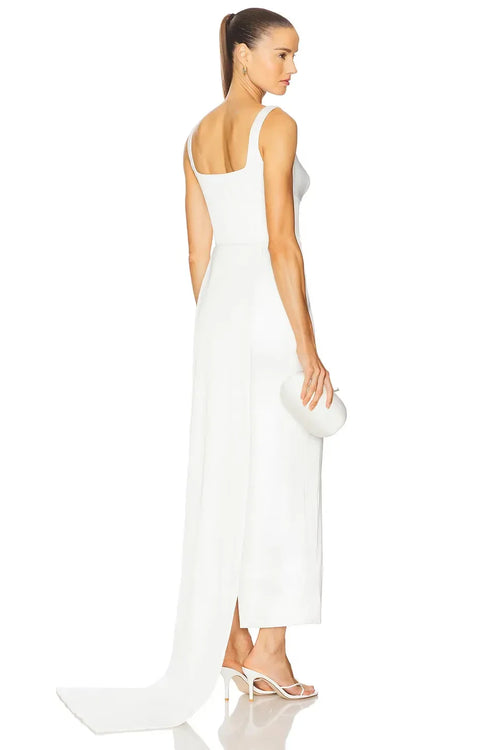 Robe de soirée élégante fourreau col carré sans manches dos nu asymétrique