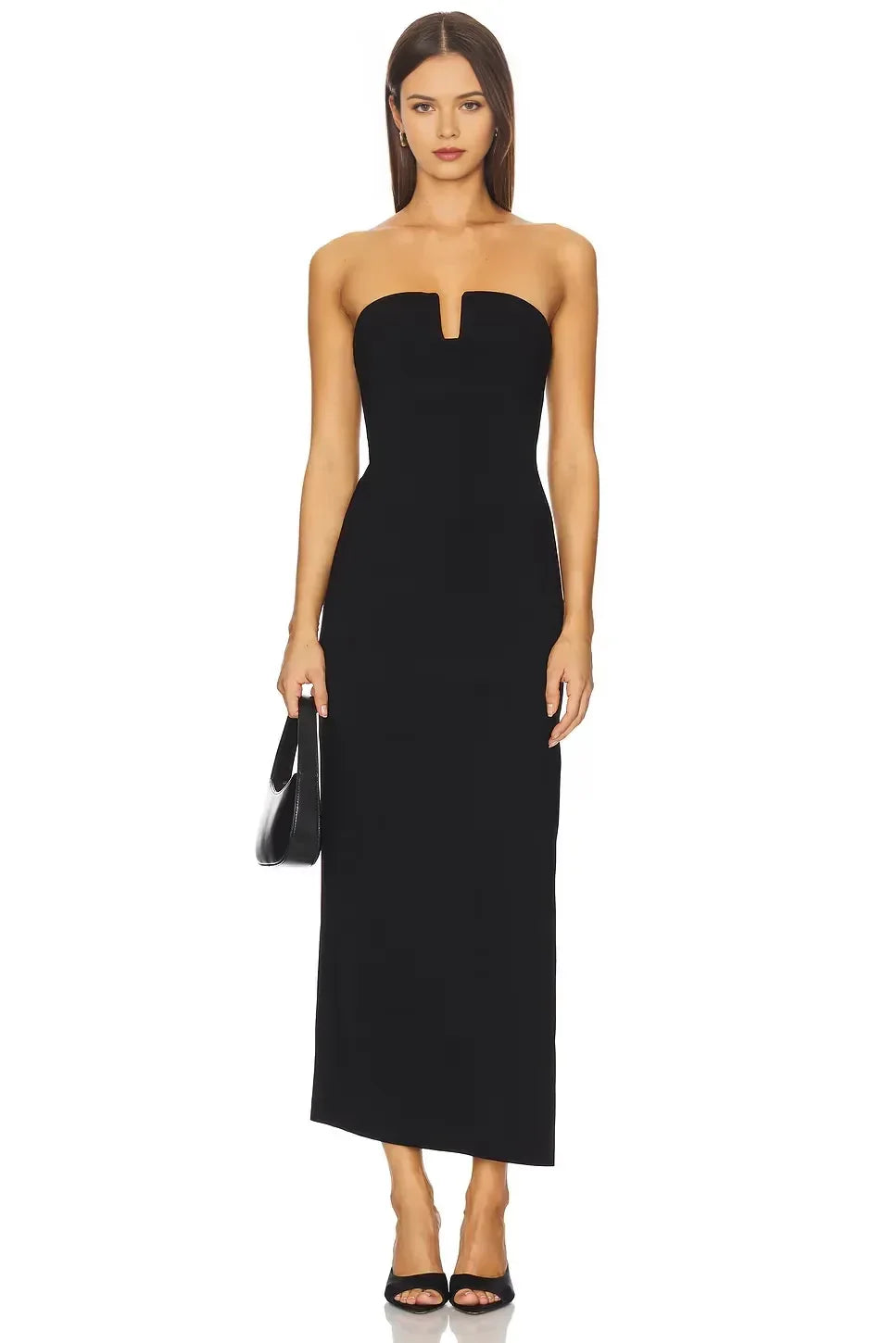 Elegant Sheath Strapless Keyhole Neck Sleeveless Solid Back Midi Evening Dress