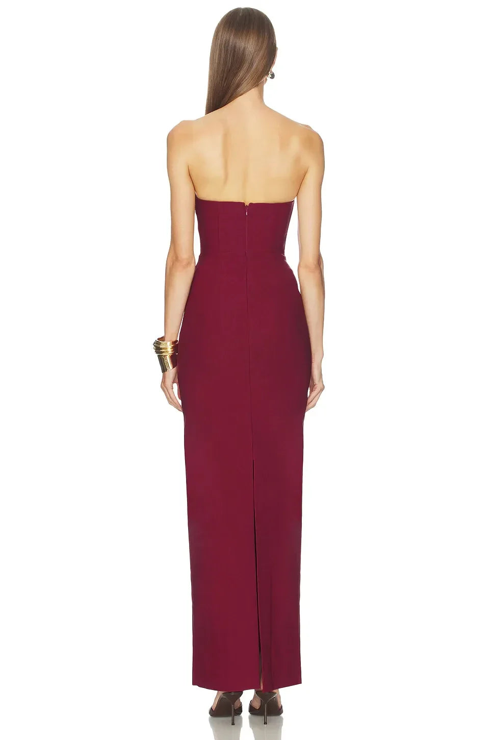 Elegant Sheath Strapless Sleeveless Lace Trim Slit Back Floor Length Evening Dress