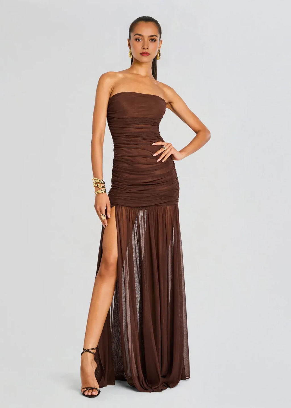 Elegant Sheath Strapless Sleeveless Ruched Back Floor Length Plus Size Prom Dress