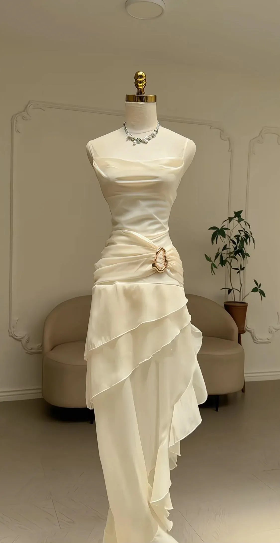 Elegant Sheath Strapless Sleeveless Ruched Front Asymmetrical Floor Length Prom Dress