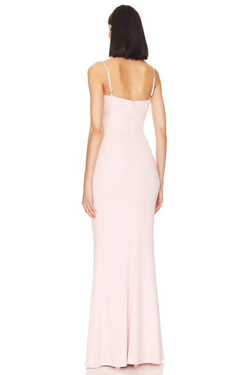 Élégante robe de soirée fourreau longue à col bustier, bretelles spaghetti et fermeture éclair au dos