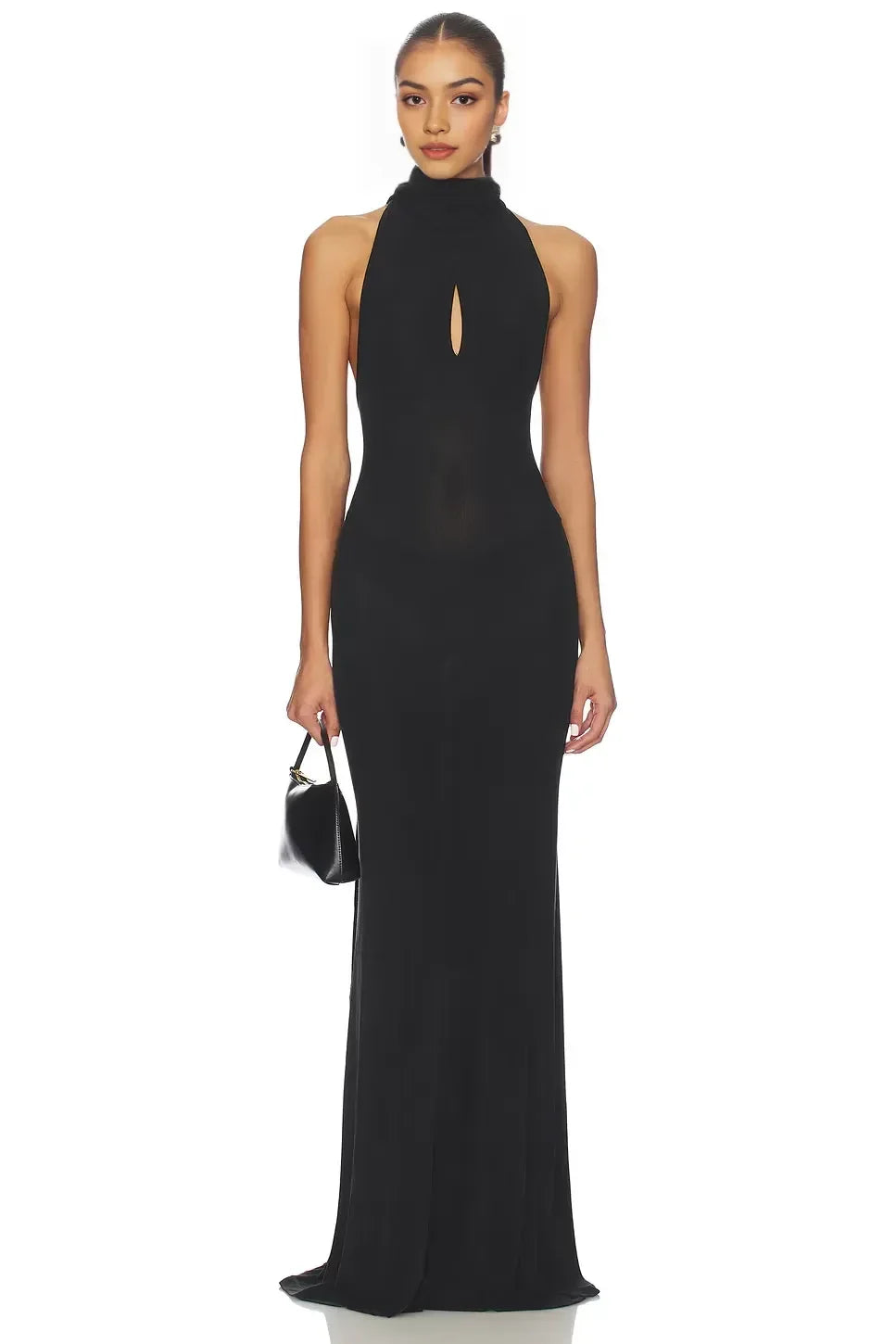 Elegant Sheath Turtleneck Halter Sleeveless Draped Back Floor Length Prom Dress