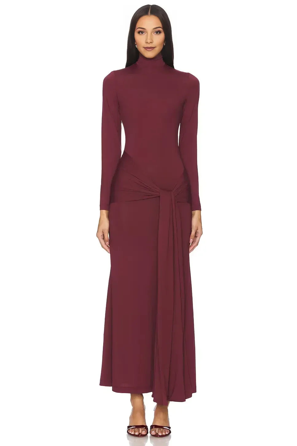 Elegant Sheath Turtleneck Long Sleeve Ruched Back Floor Length Prom Dress