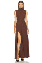 Elegant Sheath Turtleneck Sleeveless Ruched Back Slit Front Floor Length Evening Dress