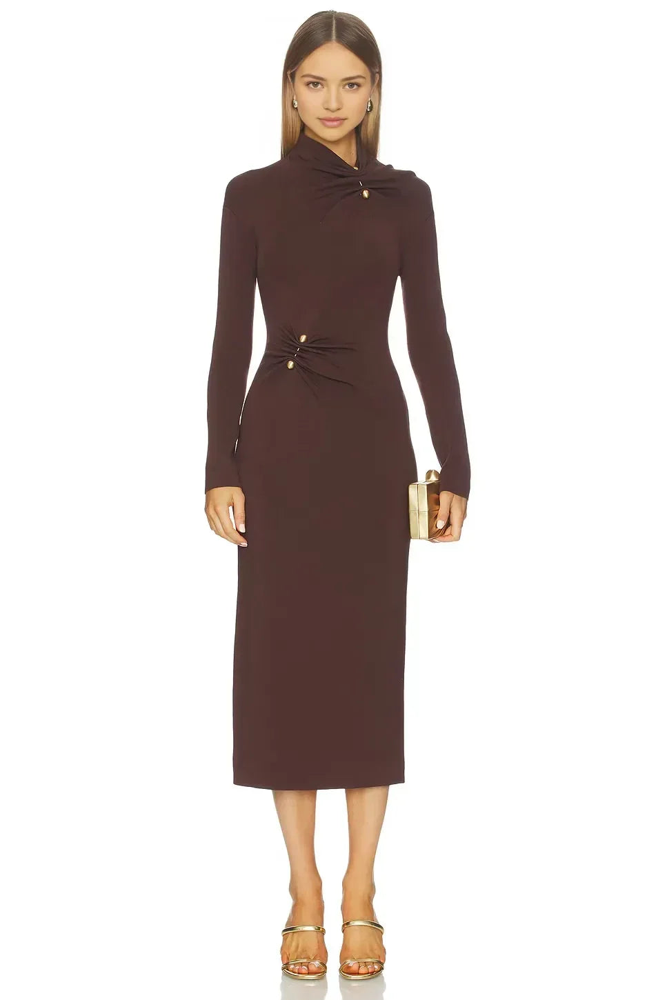 Elegant Sheath Twist Neck Long Sleeve Solid Back Midi Evening Dress