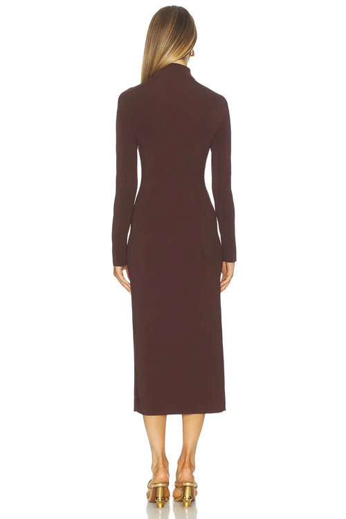 Robe de soirée élégante mi-longue fourreau à col torsadé et manches longues avec dos uni