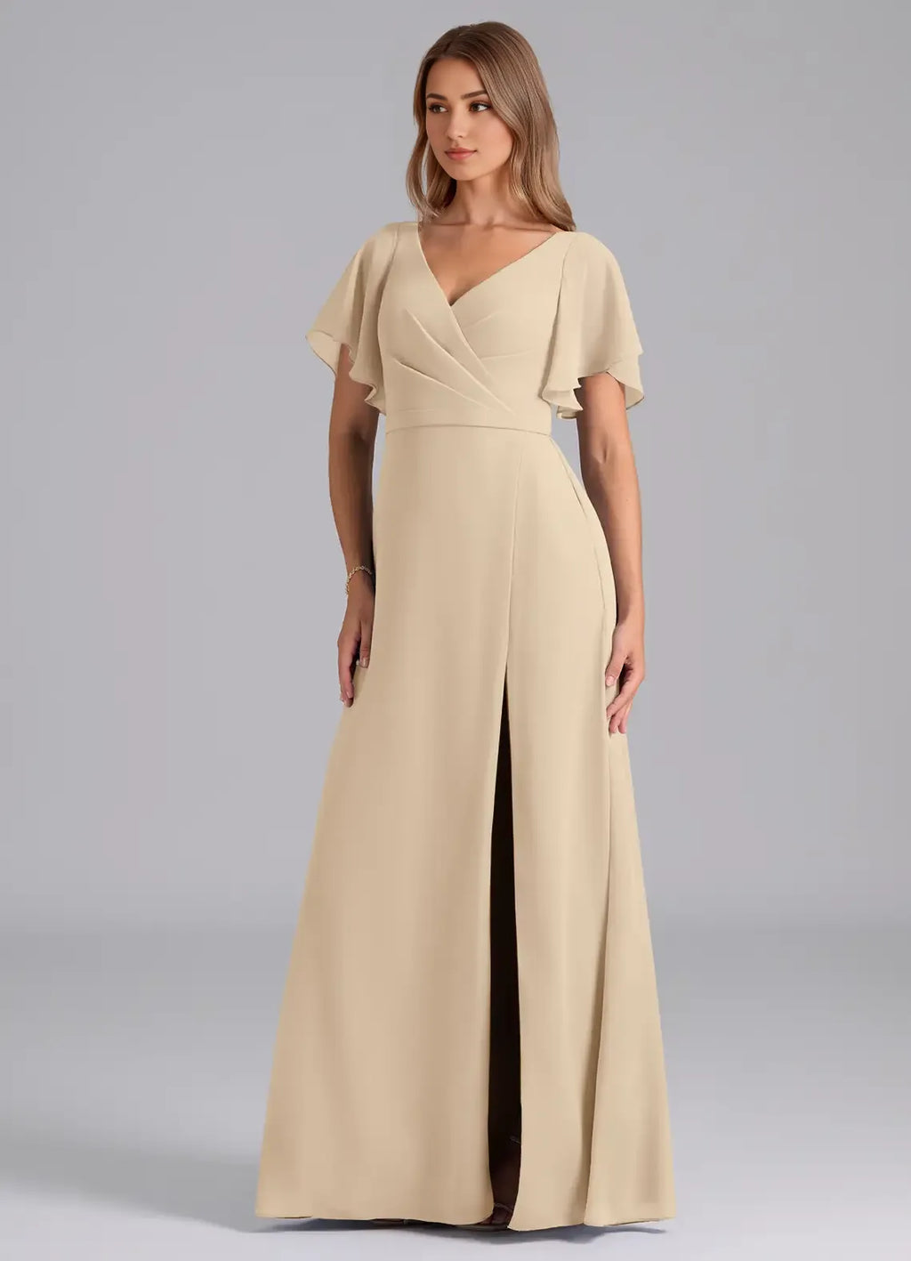 Elegant Sheath V-Neck Flutter Sleeve V Back Floor Length Bridesmaid Dress