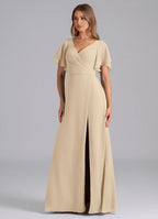 Elegant Sheath V-Neck Flutter Sleeve V Back Floor Length Bridesmaid Dress