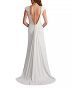 Elegant Sheath V Neck Pearl Trim Open Back Train Floor Length Hot Sale Prom Dress