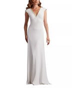 Elegant Sheath V Neck Pearl Trim Open Back Train Floor Length Hot Sale Prom Dress