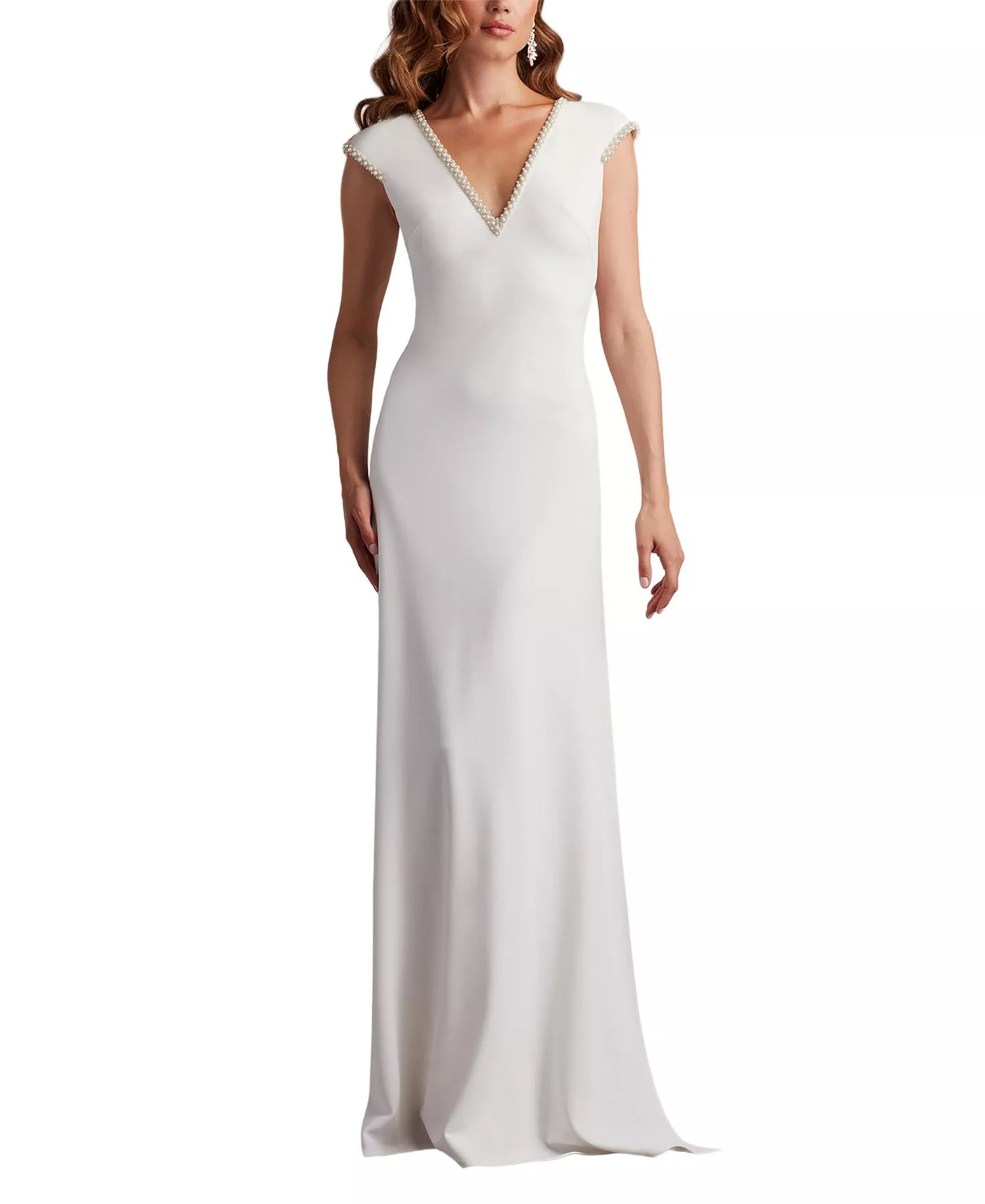 Elegant Sheath V Neck Pearl Trim Open Back Train Floor Length Hot Sale Prom Dress
