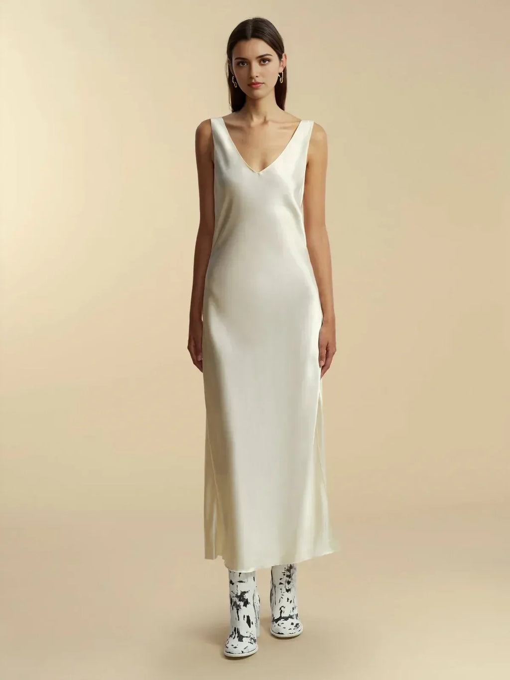 Elegant Sheath V Neck Sleeveless Cowl Back Midi Length Prom Dress
