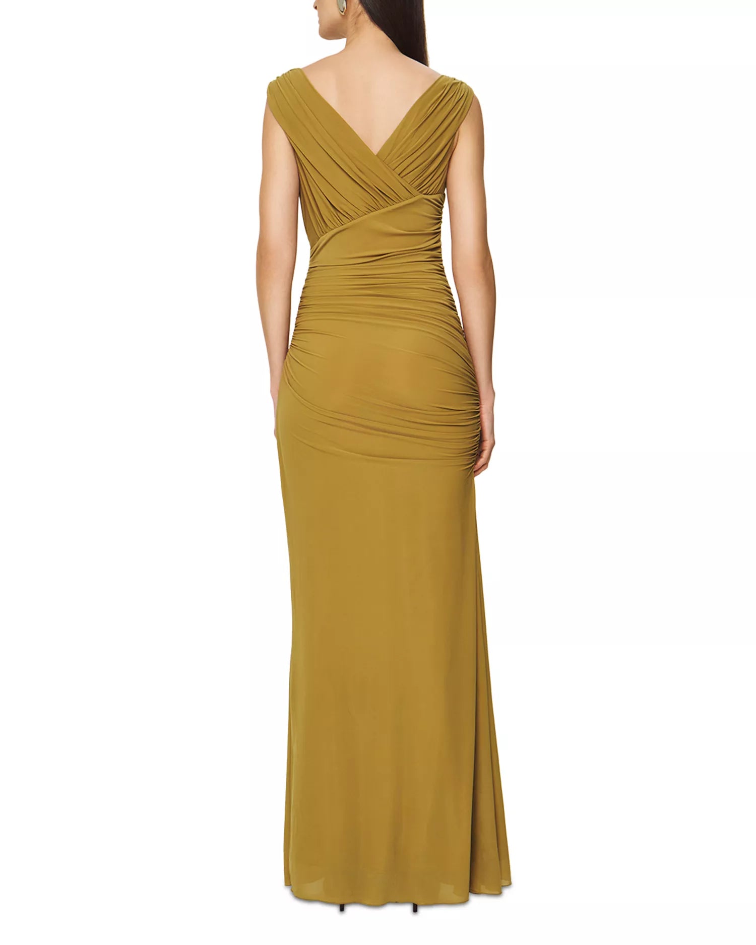 Elegant Sheath V Neck Sleeveless Ruched Bodice V Back Floor Length For Women Prom Dress
