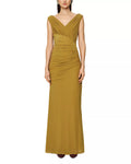 Elegant Sheath V Neck Sleeveless Ruched Bodice V Back Floor Length For Women Prom Dress