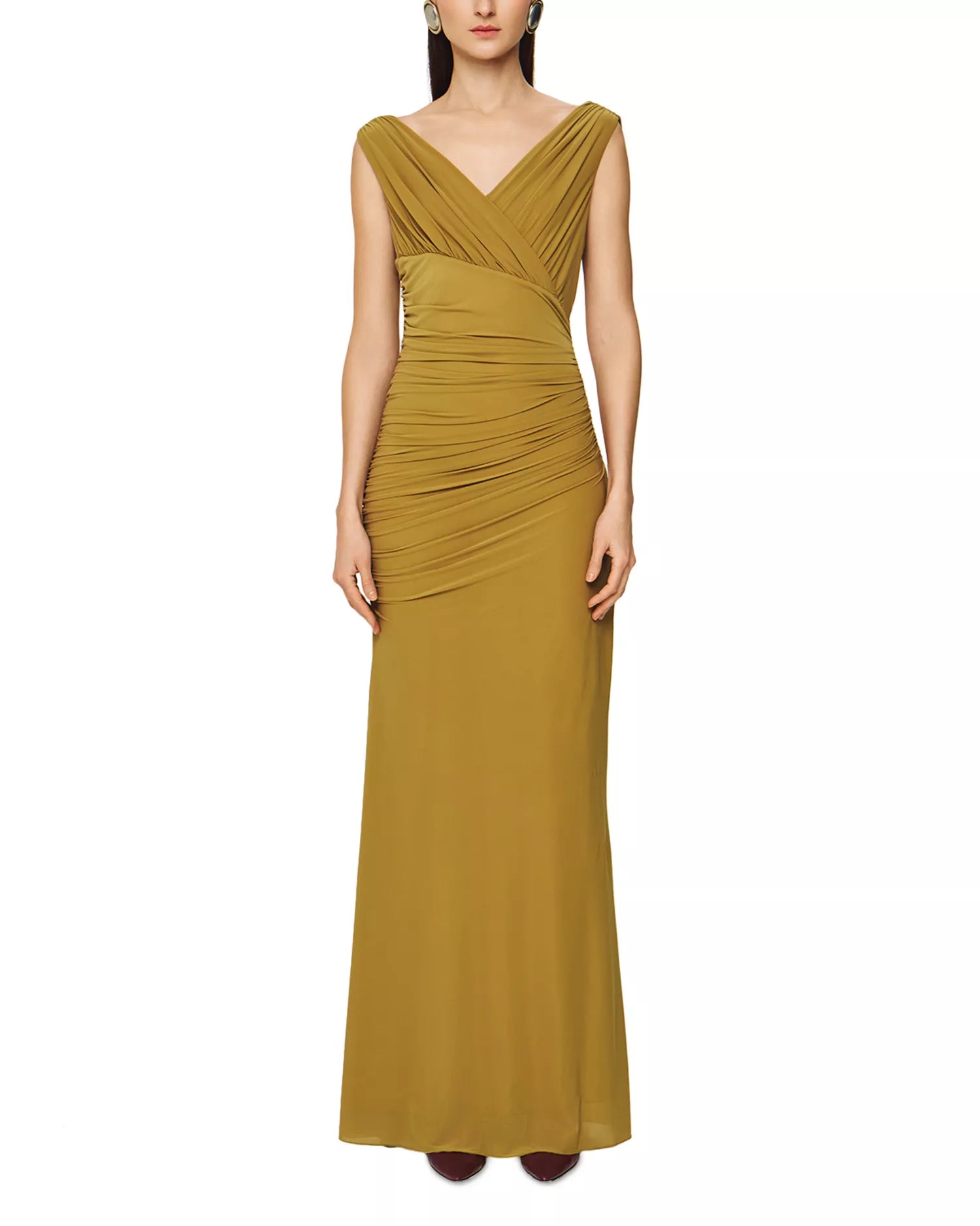 Elegant Sheath V Neck Sleeveless Ruched Bodice V Back Floor Length For Women Prom Dress