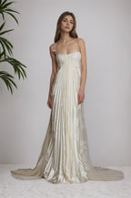 Spaghetti Strap Pleated Applique Maxi Dress with Train