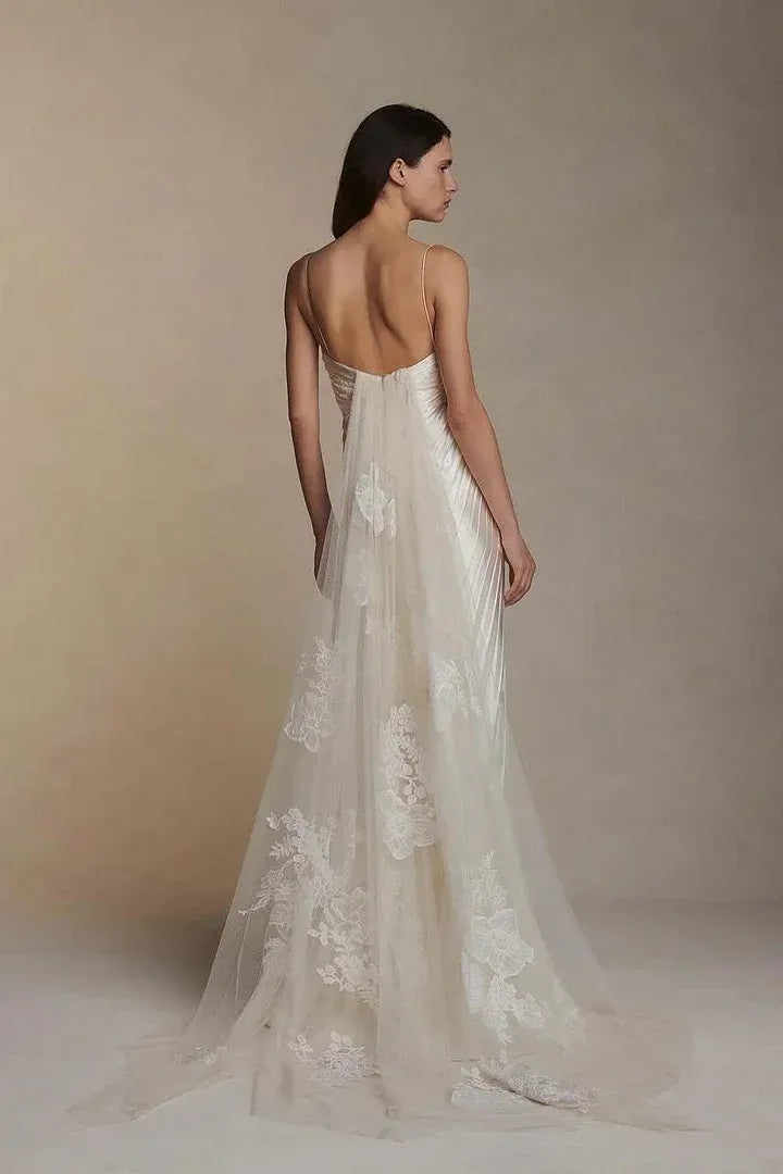 Spaghetti Strap Pleated Applique Maxi Dress with Train