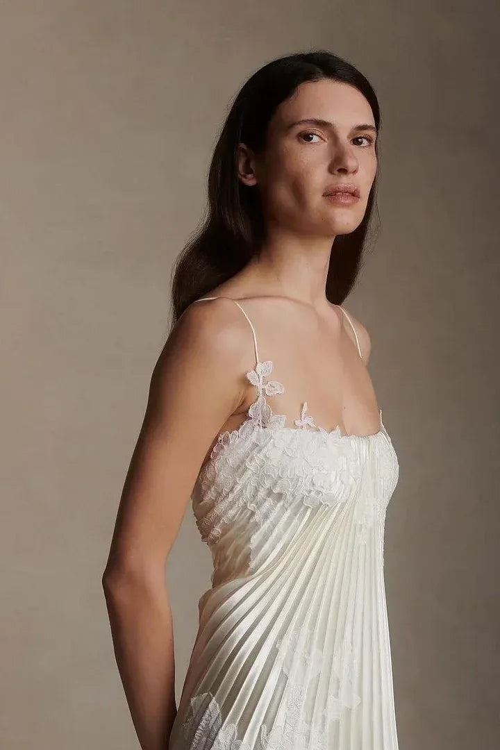 Spaghetti Strap Pleated Applique Maxi Dress with Train