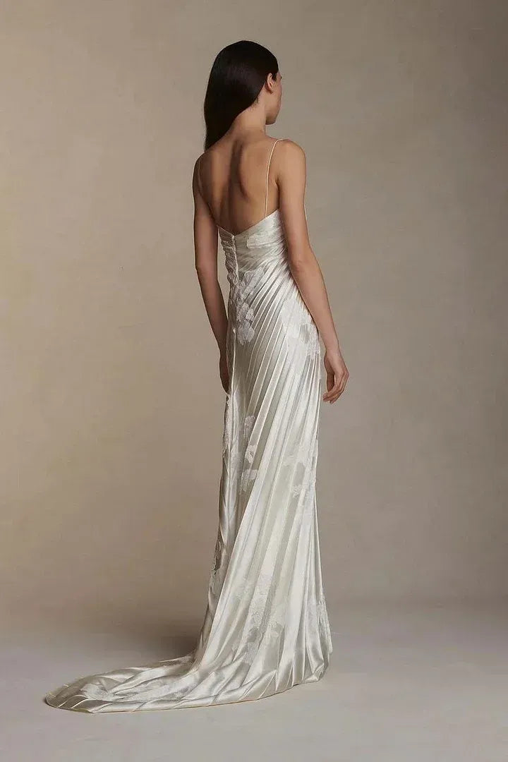 Spaghetti Strap Pleated Applique Maxi Dress with Train