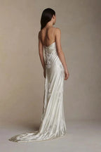 Spaghetti Strap Pleated Applique Maxi Dress with Train