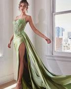 Spaghetti Strap Sweetheart Applique High Slit Maxi Dress with Train