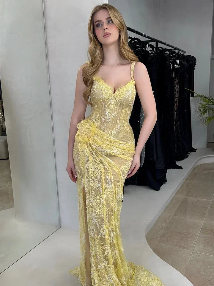 Spaghetti Strap Sweetheart Beaded Mermaid Maxi Dress with High Slit