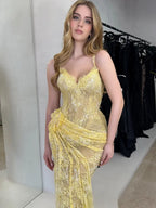 Spaghetti Strap Sweetheart Beaded Mermaid Maxi Dress with High Slit