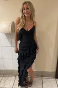 Spaghetti Strap V-Neck Asymmetrical Ruffle Slit Formal Maxi Dress