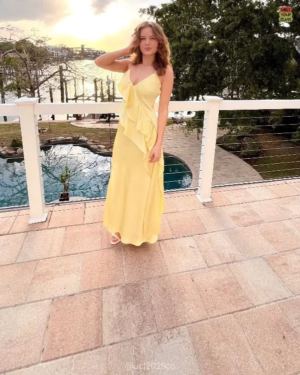 Spaghetti Strap V-Neck Cascading Ruffle Bridesmaid Maxi Dress