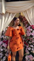 Square Neck Puff Sleeve 3D Flower Mini Dress