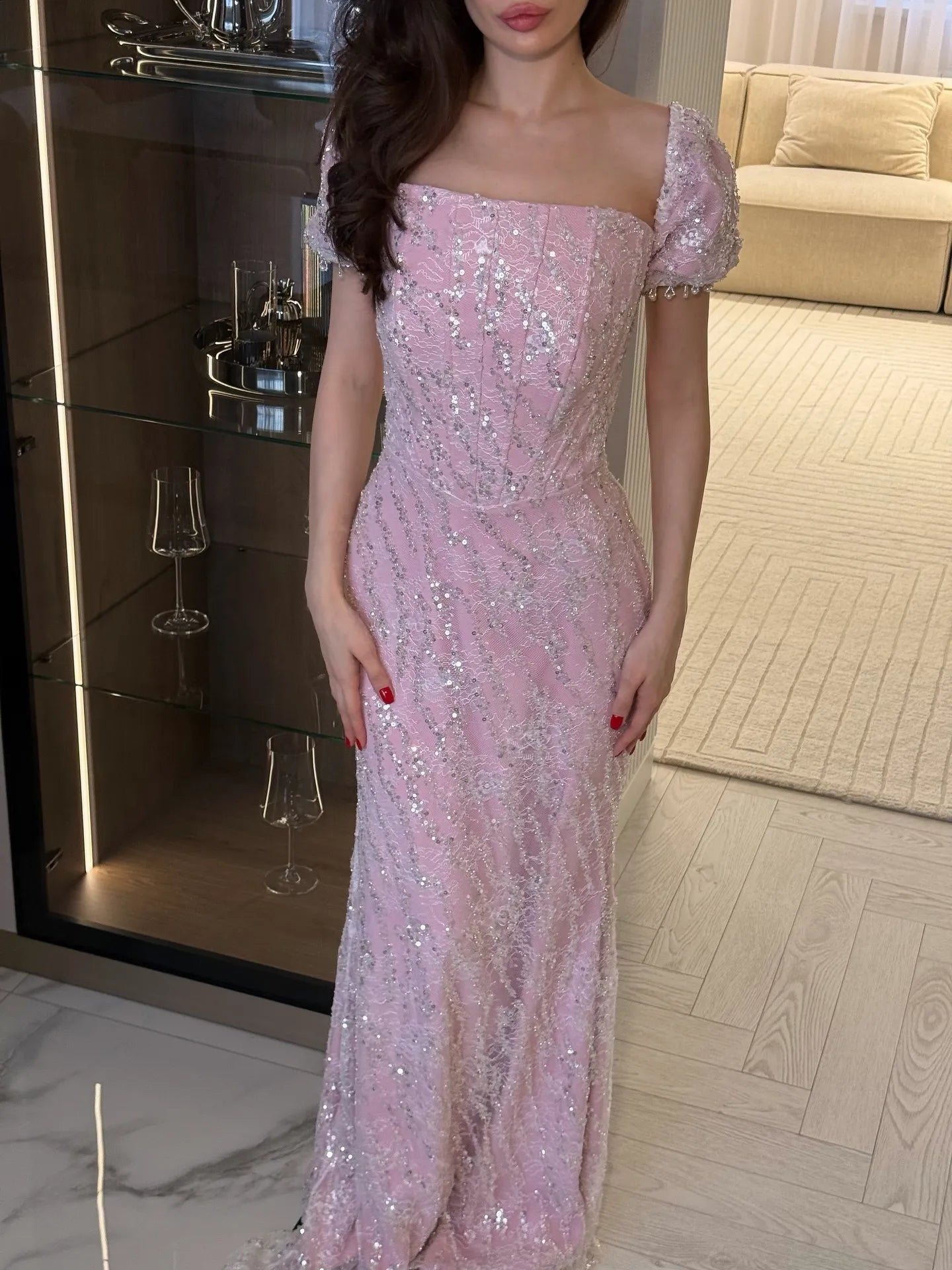 Square Neck Puff Sleeve Beaded Mermaid Maxi Dress