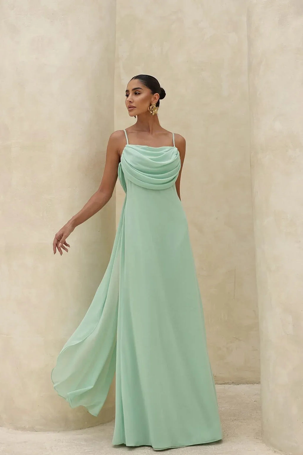 Square Neck Spaghetti Strap Cowl Back Maxi Dress