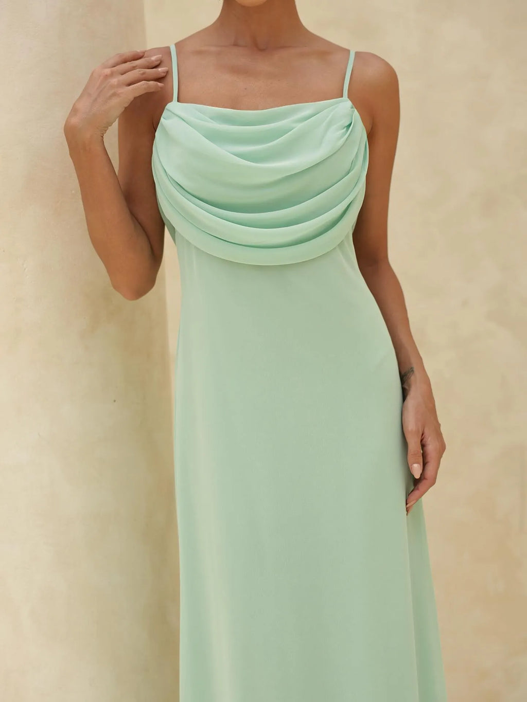 Square Neck Spaghetti Strap Cowl Back Maxi Dress