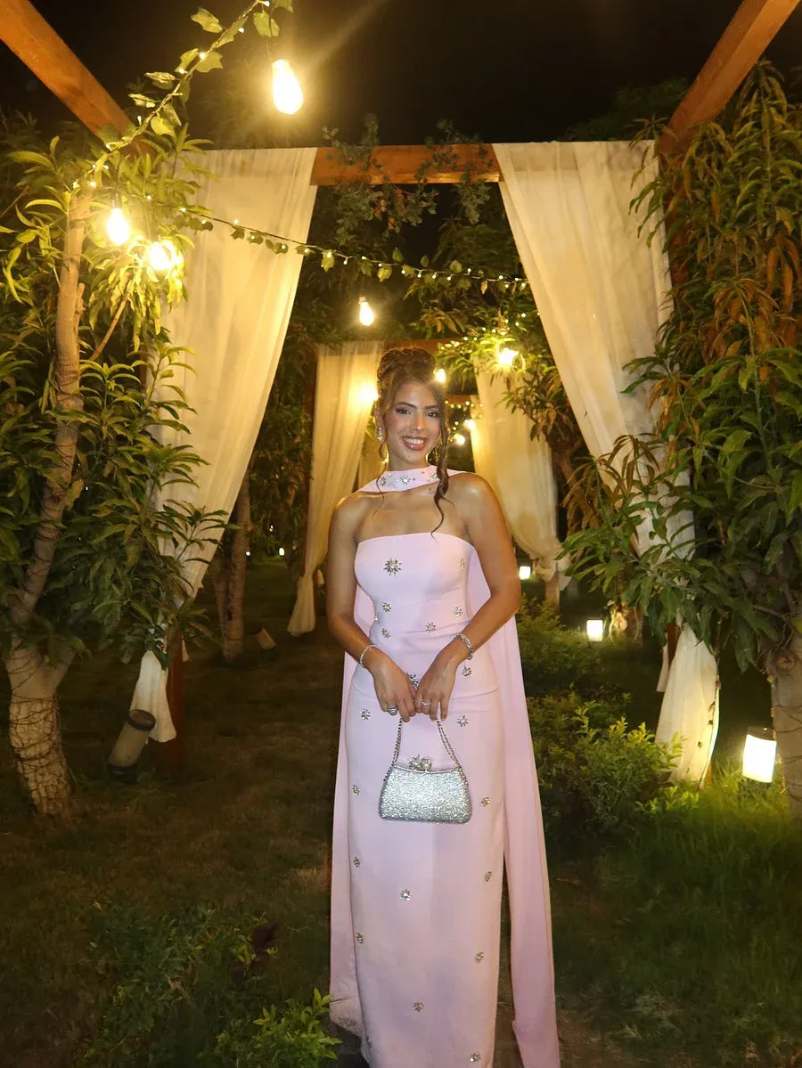 Strapless Cape Beaded Star Mermaid Maxi Dress
