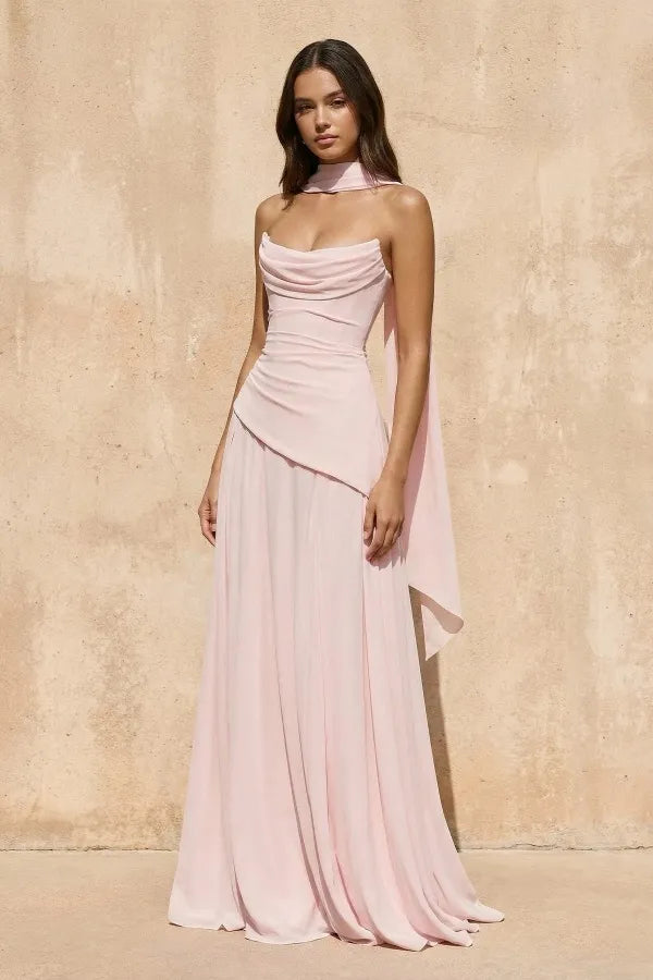 Strapless Cowl Neck Corset Cape Maxi Dress
