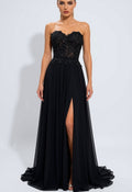 Strapless Applique A-Line Maxi Dress with High Slit & Train