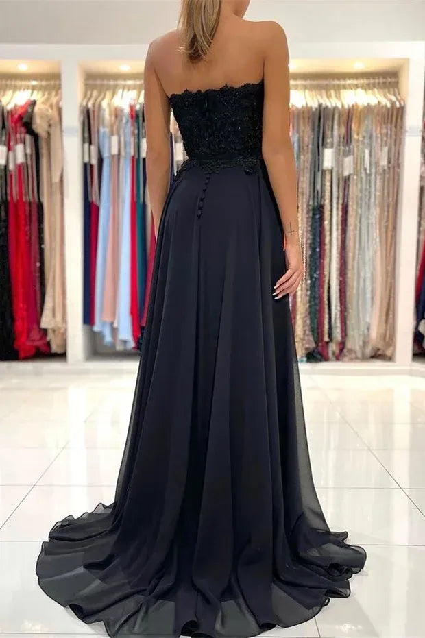 Strapless Applique A-Line Maxi Dress with High Slit & Train