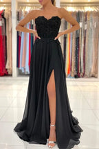 Strapless Applique A-Line Maxi Dress with High Slit & Train