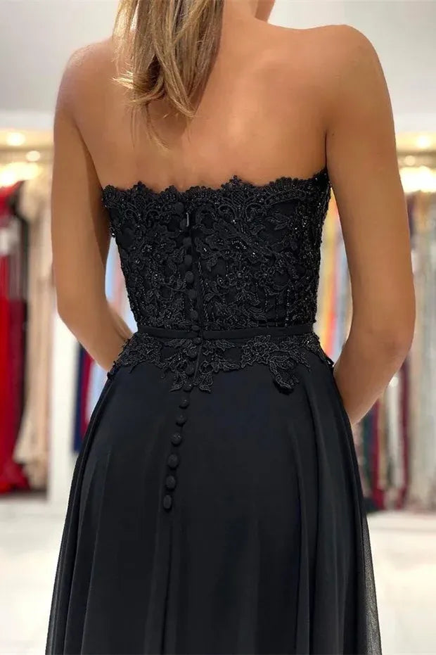 Strapless Applique A-Line Maxi Dress with High Slit & Train