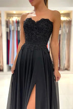 Strapless Applique A-Line Maxi Dress with High Slit & Train