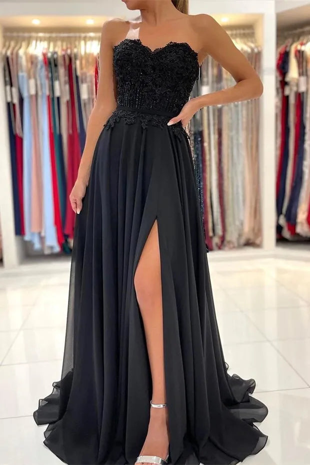 Strapless Applique A-Line Maxi Dress with High Slit & Train
