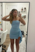 Strapless Ruched Bodycon Mini Dress with Ruffle