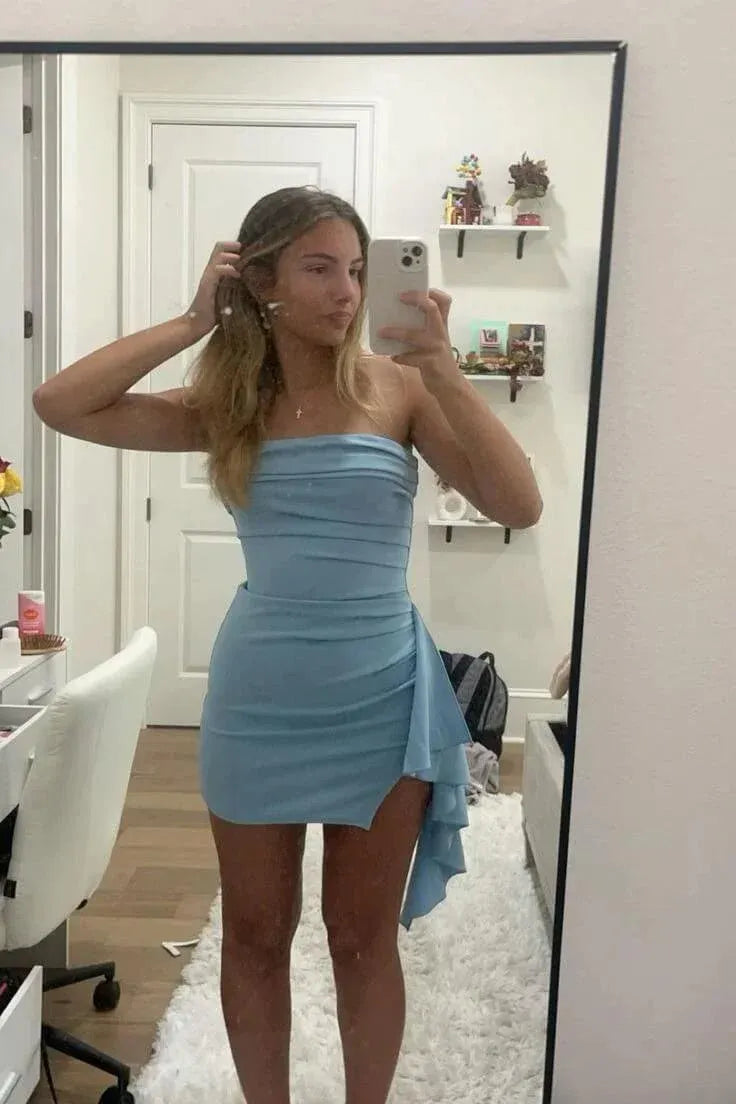 Strapless Ruched Bodycon Mini Dress with Ruffle