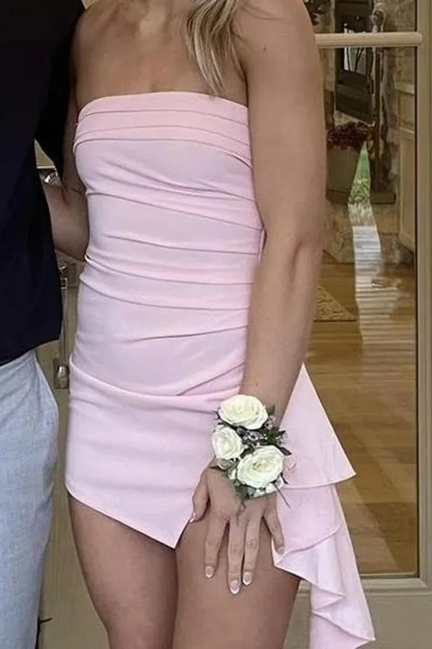 Strapless Ruched Bodycon Mini Dress with Ruffle