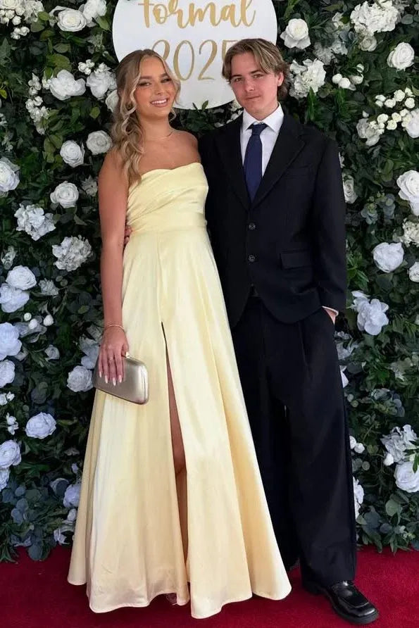 Strapless Ruched High Slit A-Line Prom Dress