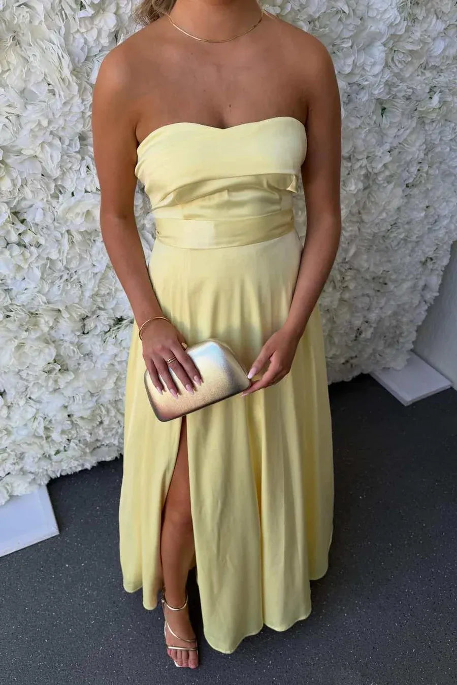 Strapless Ruched High Slit A-Line Prom Dress