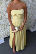 Strapless Ruched High Slit A-Line Prom Dress