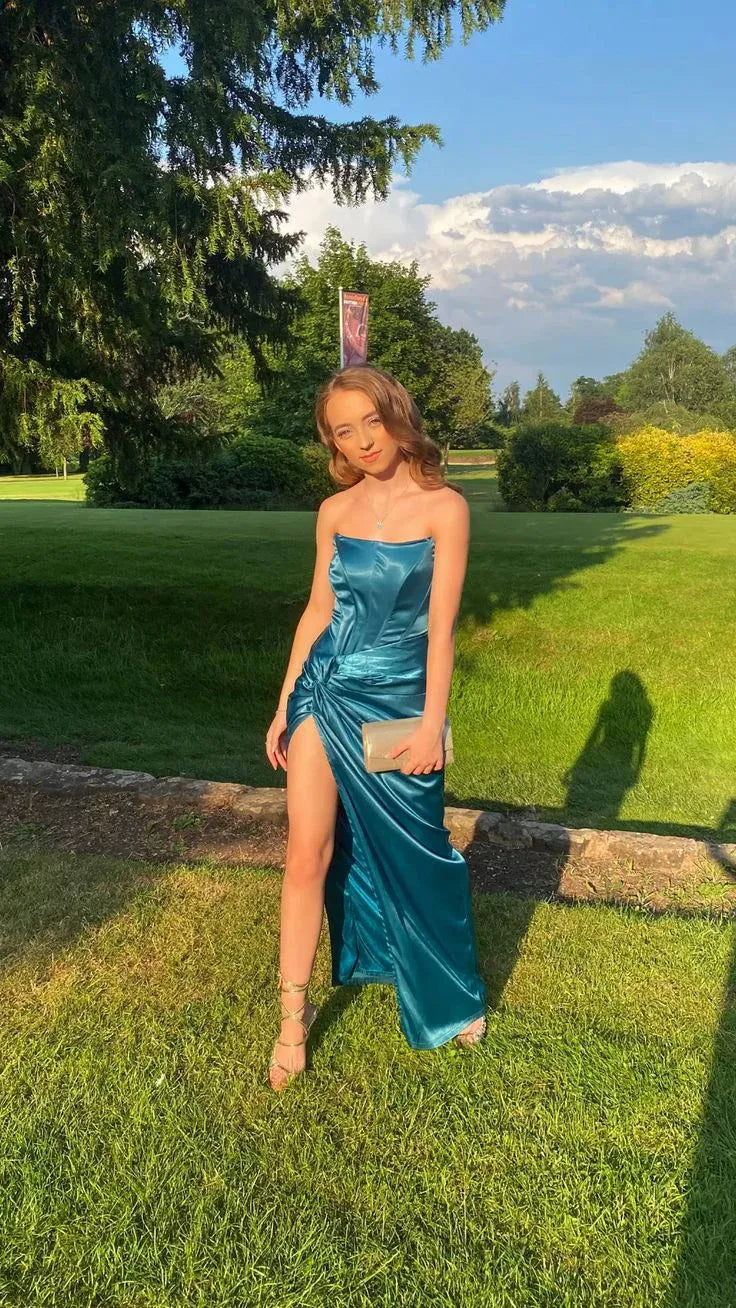 Strapless Ruched High Slit Mermaid Evening Dress
